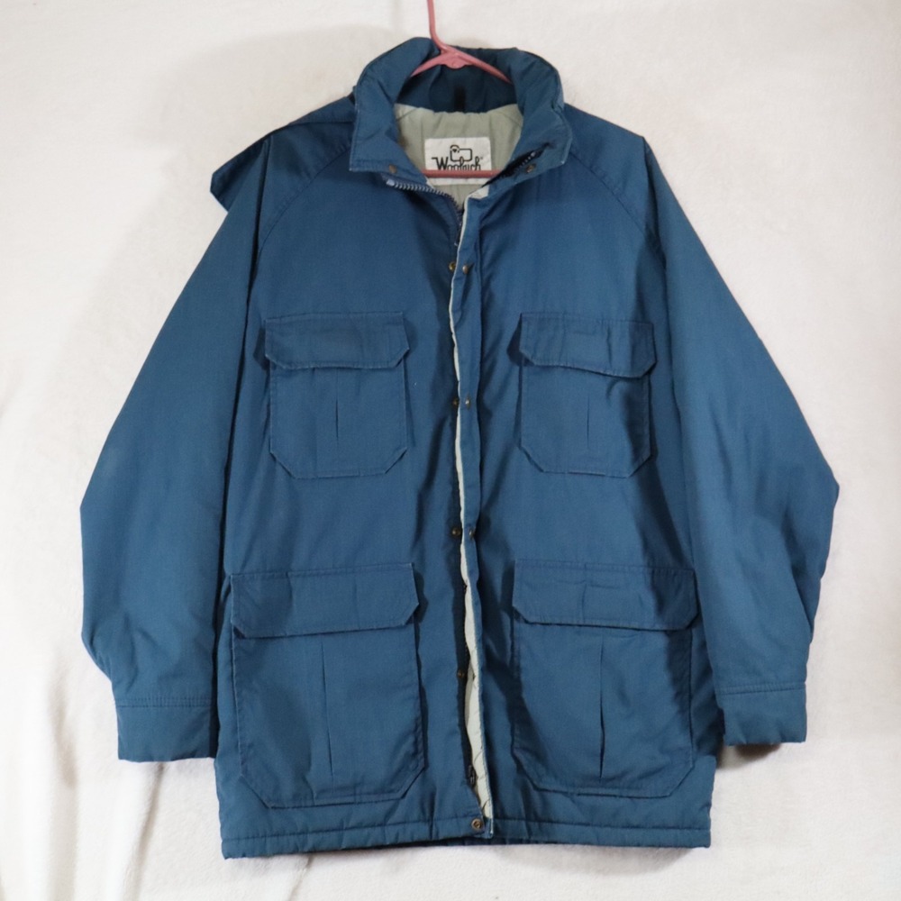 Vtg Woolrich Jacket Blue Hooded Lined Mountain Parka Mens Sz Lge EXC